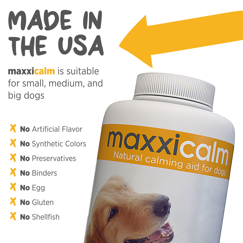 maxxicalm calming tablets made in USA for all dog breeds and dog sizes